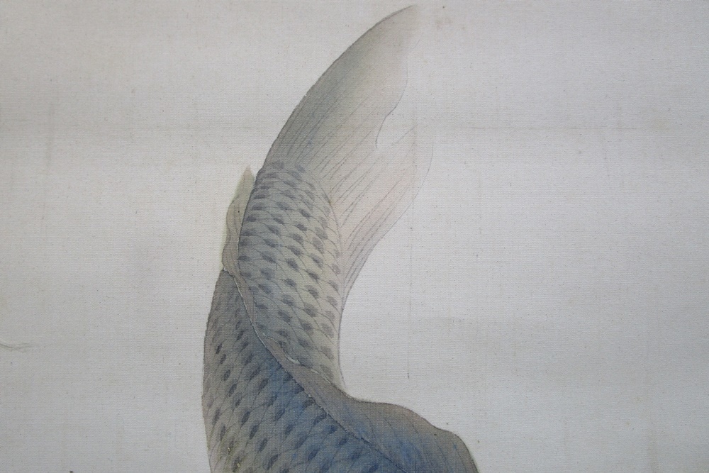 《ジャムルK》kkg8-44　在銘　明雪 　青松遊鯉之図　日本画 掛軸 絹本 共箱　_画像9