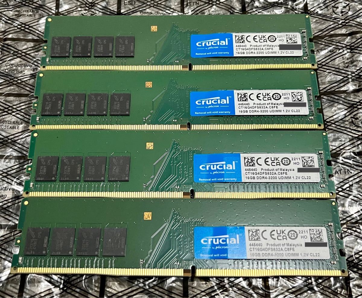 DDR4 SDRAM 16GB 4枚組合計64GB (PC4-25600,DDR4-3200,Micronチップ