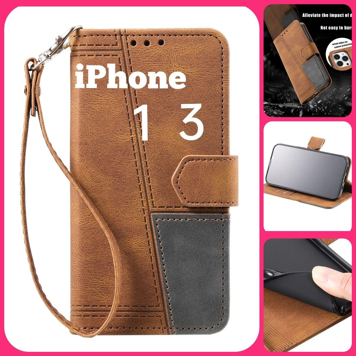 新作iPhone１３Pro用ストラップ付き手帳型スマホケースアイフォン１３プロ携帯カバー　スマホスタンド機能　お札収納　カード収納