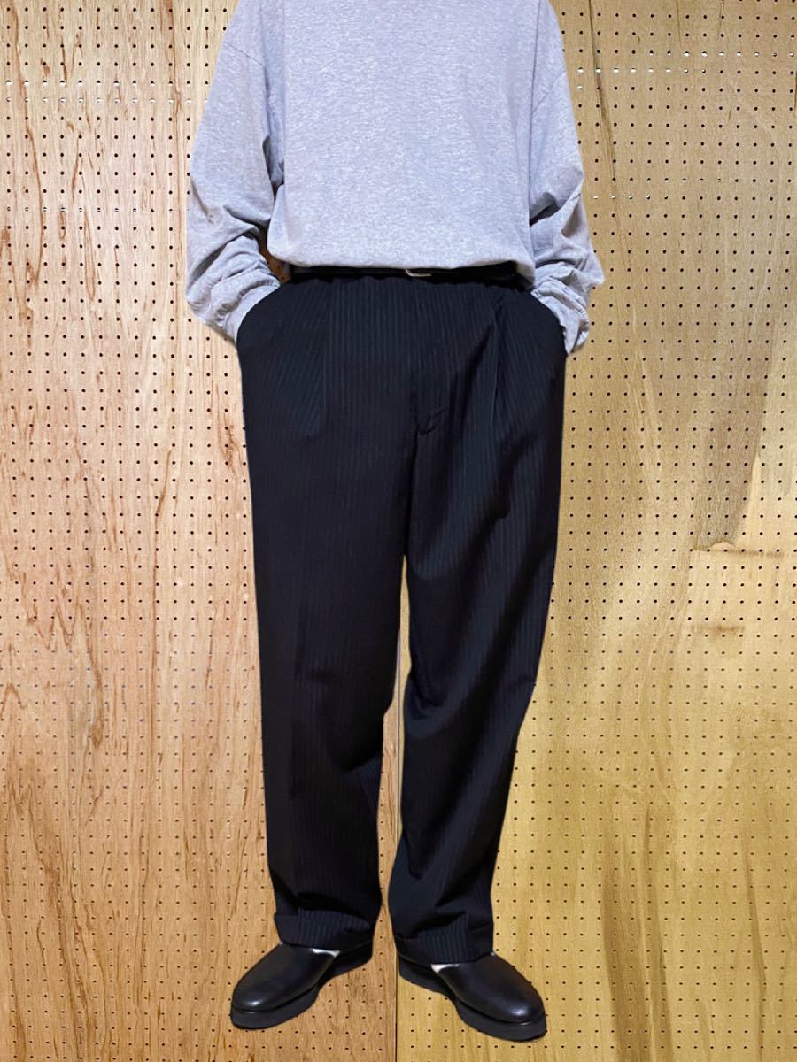 古着 スラックス slacks ストライプ 2タック プリーツ テーパード トラウザー パンツ ワイド 黒 ブラック L  オーバーサイズ｜PayPayフリマ