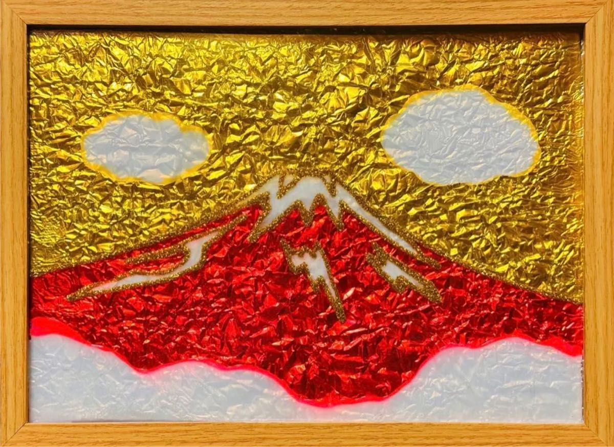 赤富士と黄金の空開運幸運ステンドグラスハンドメイド虹の空ガラス絵の具アート絵画｜PayPayフリマ