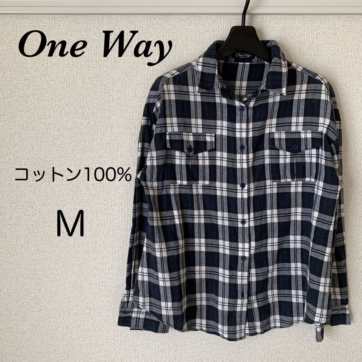 ONEWAY  レディース M チェックシャツ 長袖シャツ チェック ネイビー 白