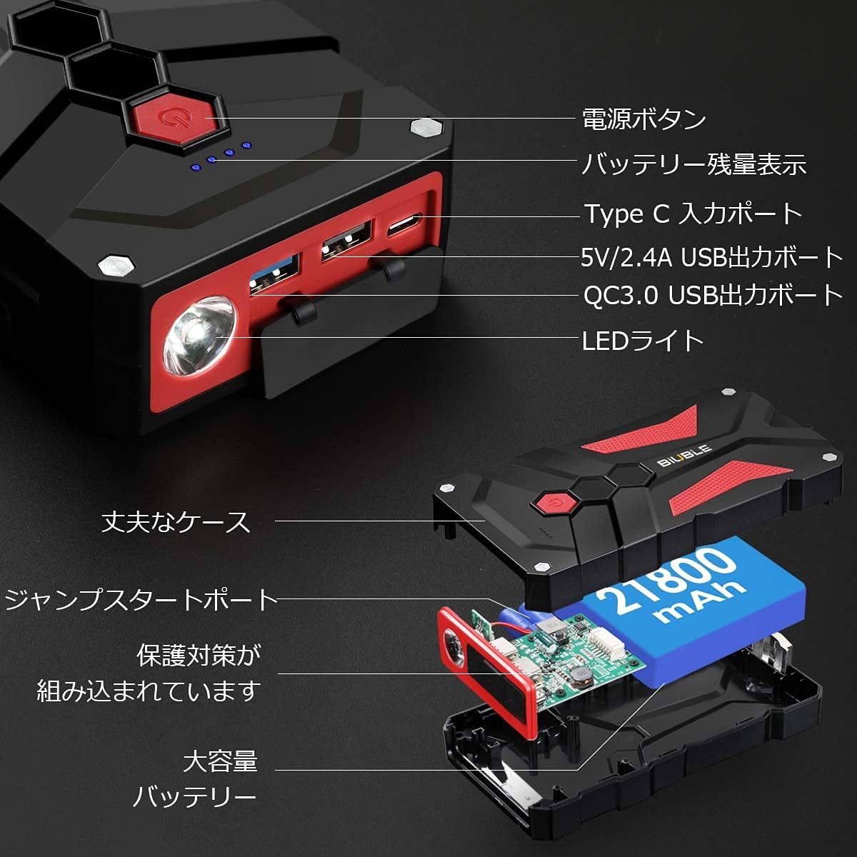 BIUBLE ジャンプスターター 21800mAh大容量 2000Aピーク電流 (最大8.0Lガソリン・6.5Lディーゼル車対応) 12V_画像3