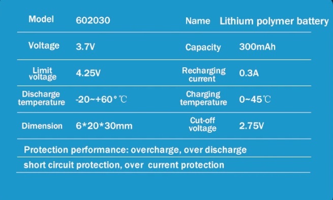 セール 送料84円～ リチウムポリマー電池 602030 3.7V 300mAh Li-Poバッテリー リポバッテリー_主な仕様