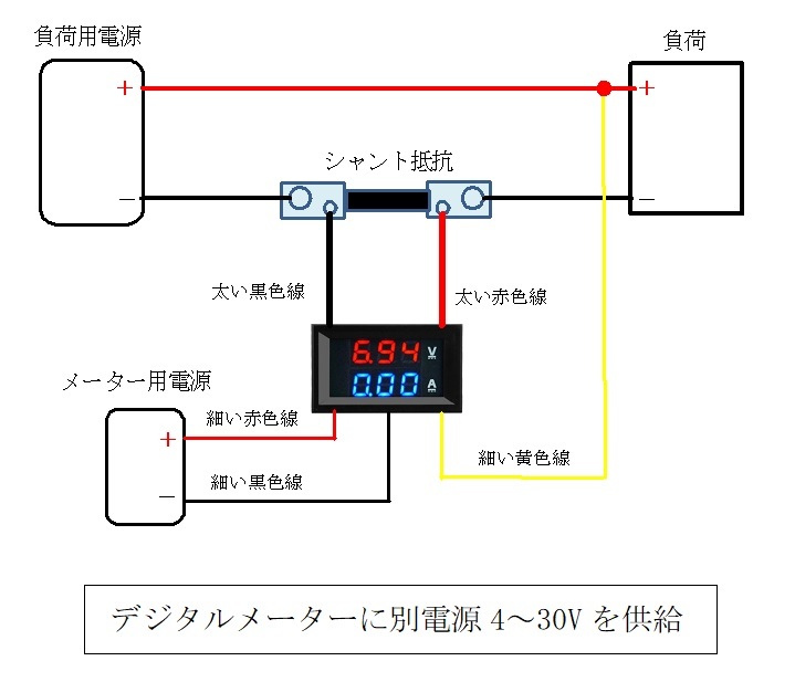 ネコポス発送 2個セット パネル取付タイプ デジタルメーターB1 電圧計 電流計 DC 0-100V 50A 赤青LED シャント抵抗_接続配線図1