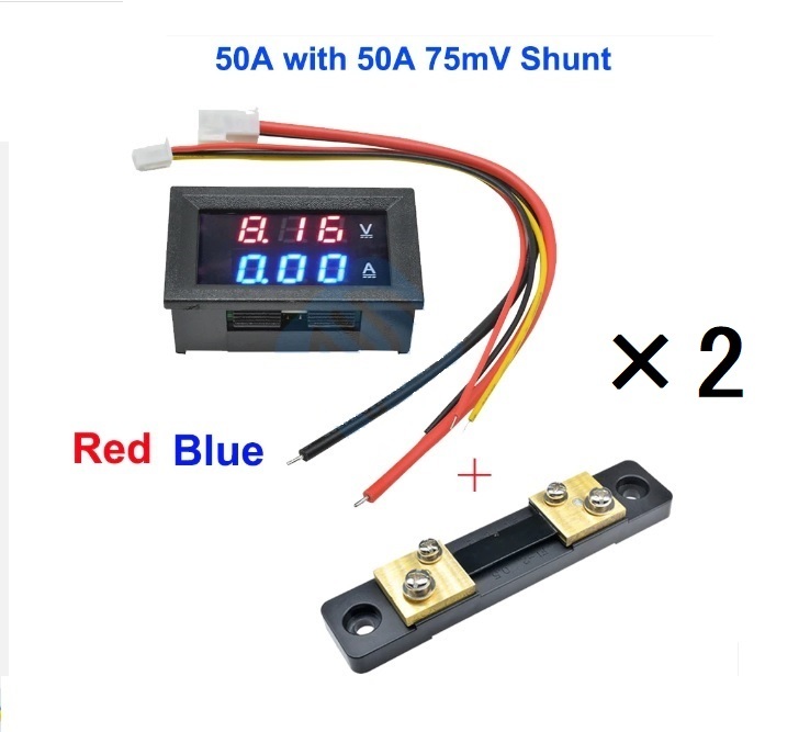 ネコポス発送 2個セット パネル取付タイプ デジタルメーターB1 電圧計 電流計 DC 0-100V 50A 赤青LED シャント抵抗_出品商品（説明書なし）