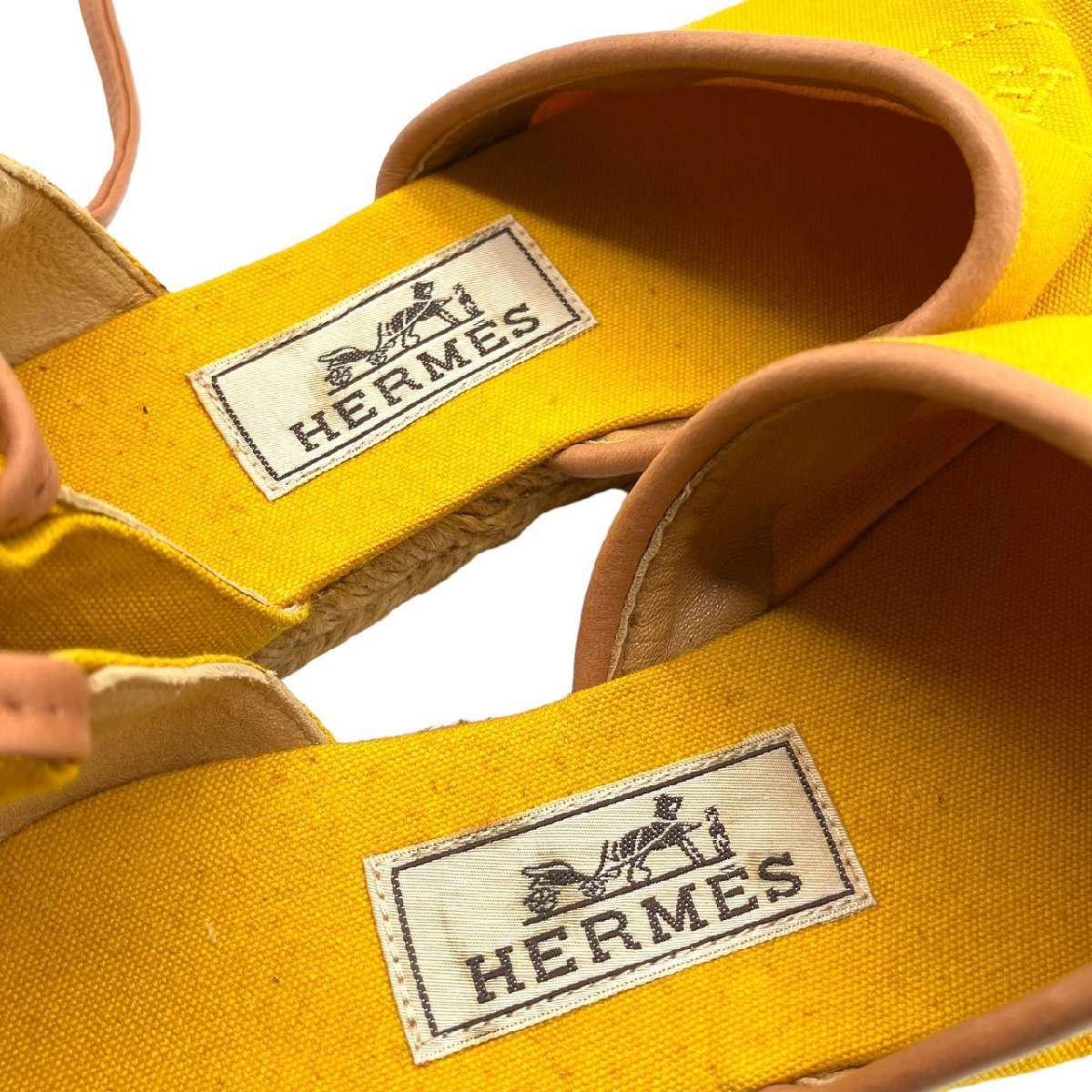 HERMES エルメス Hロゴ キャンバス ウェッジソール サンダル イエロー