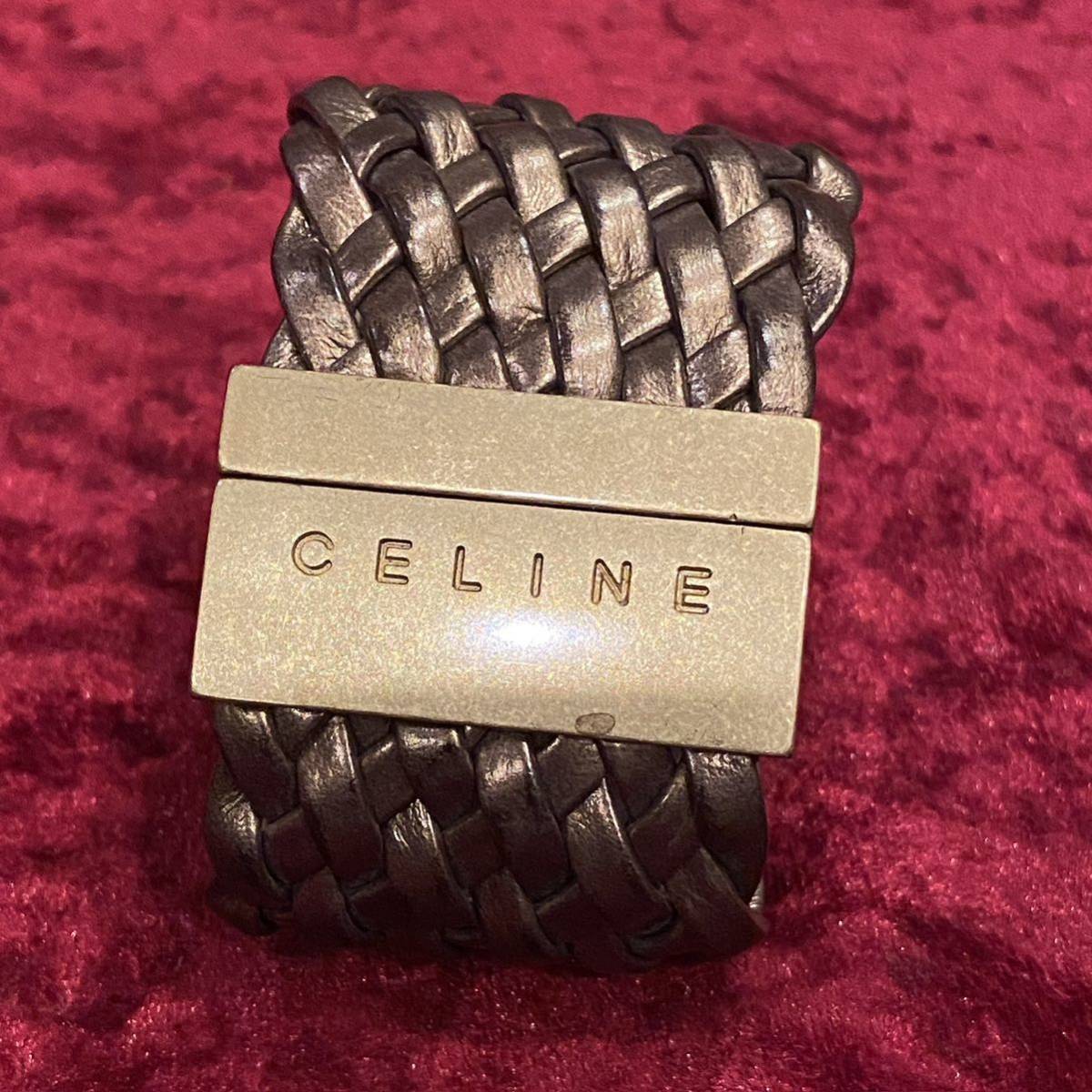 美品 CELINE セリーヌ レザー 本革 メッシュ 編み込み ブレスレット バングル_画像2