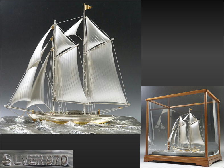 H2◇大型銀色帆船模型木製玻璃外殼，配有SILVER 970船用五金件 原文:H2◇大型 銀製 帆船模型 木製ガラスケース付 SILVER970 舟 金工置物