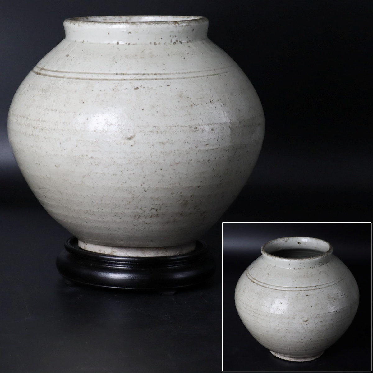 宙】李朝時代白磁製提灯壺唐木台付本体横幅24.8cm 木箱付細密細工花器