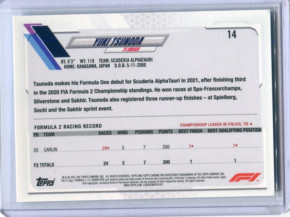 2021 Topps Chrome Formula 1 F1 14 Yuki Tsunoda 角田裕毅 ベースカード_画像2