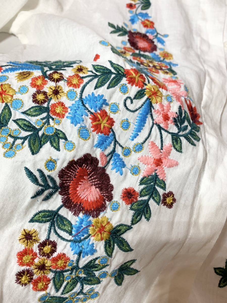 高級レディースリネンシャツ 花柄 刺繍36号美品