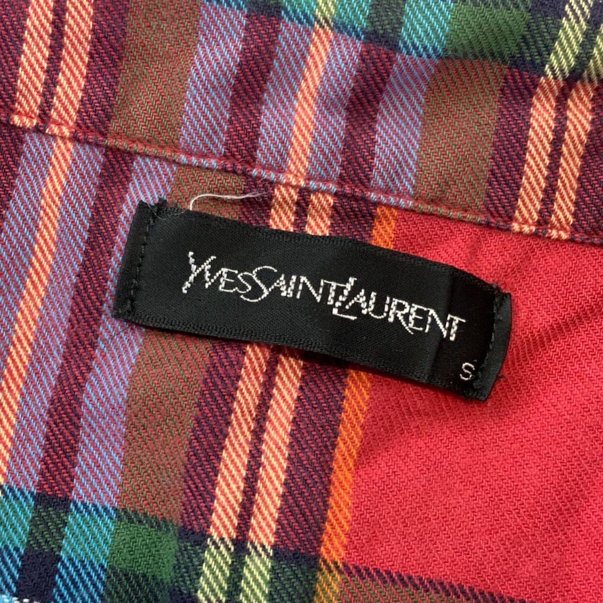 Yves Saint Laurent イヴサンローラン タータンチェック柄 オープンカラー 長袖 プリズンシャツ パジャマシャツ メンズ Sサイズ レッド_画像7