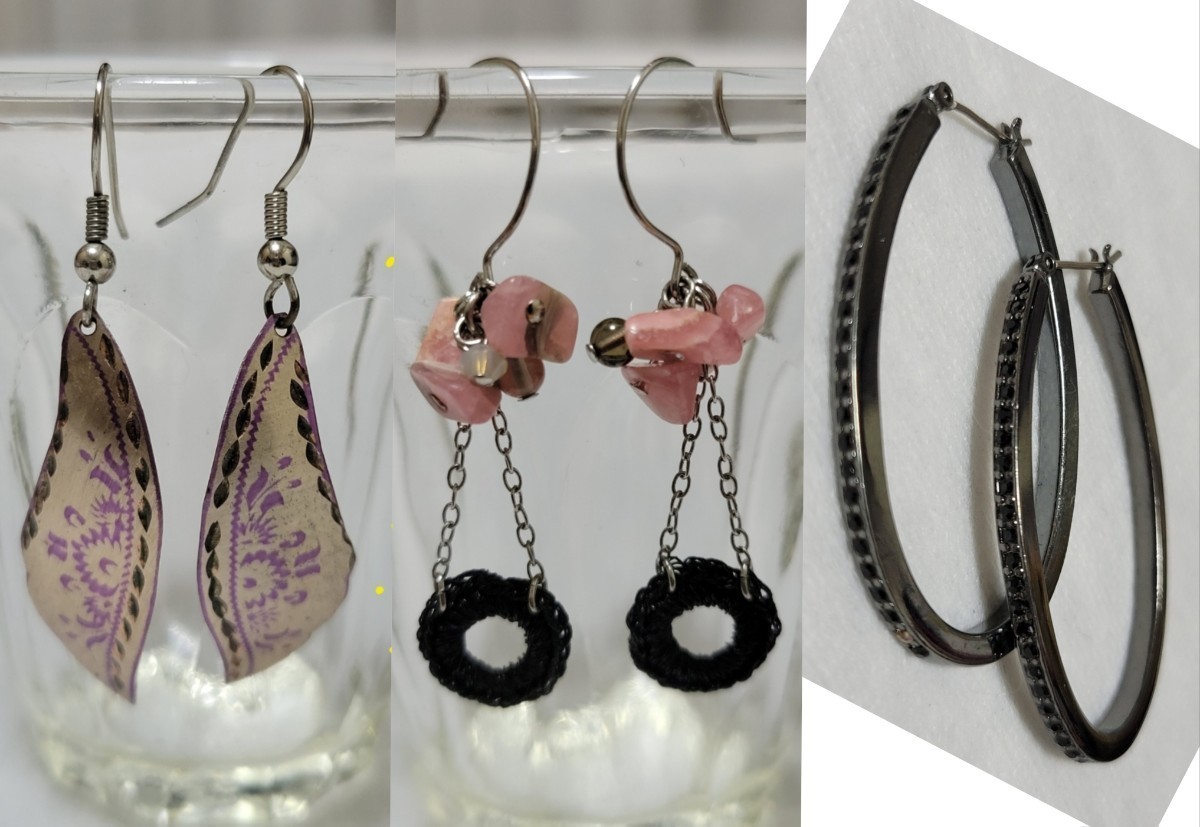 【ジャンク含む】BLACK/PINK系ピアス3点セット トルコの手彫り/イマージュIMAGE COLLECTION インカローズ/韓国アクセ ラインストーンフープ_画像1