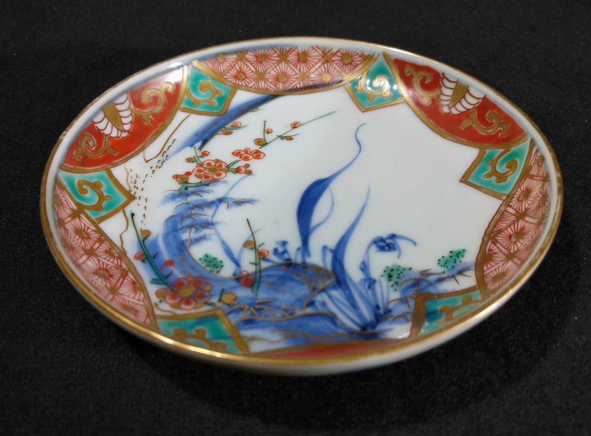 古伊万里 染付 金彩 色絵 梅に草花文 成化年製 12cm 小皿 5客揃 古伊万里 染付 金彩 色絵 梅に草花文 成化年製 12cm 小皿 5客揃