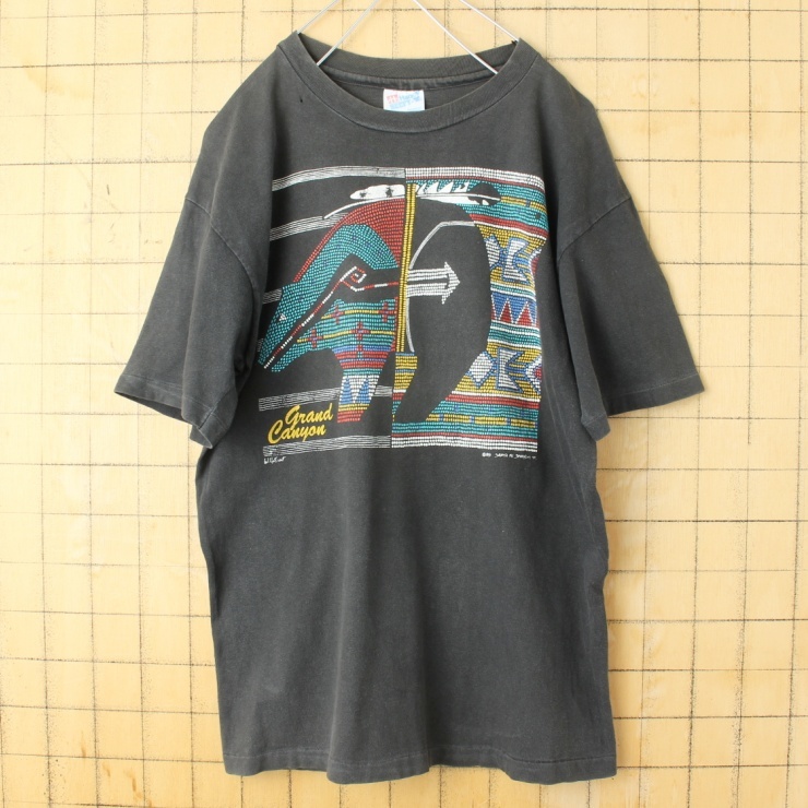 90s USA製 Hanes SANTA FE SPORTSWEAR ネイティブ柄 プリント Tシャツ ブラック メンズM 半袖 Grand Canyon アメリカ古着　yan-22