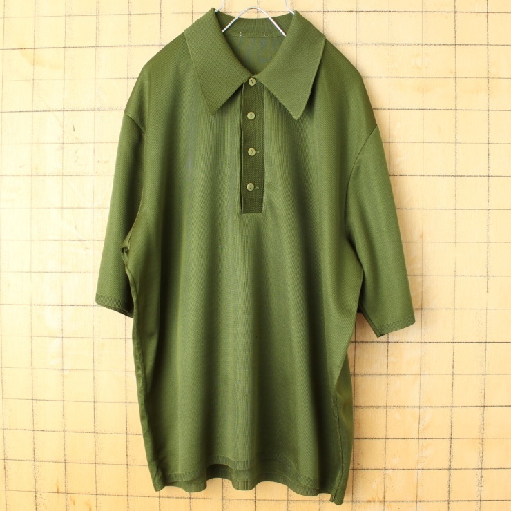 本物の  60s 70s USA ポロ シャツ メンズL相当 グリーン 半袖 ポリエステル アメリカ古着 Lサイズ
