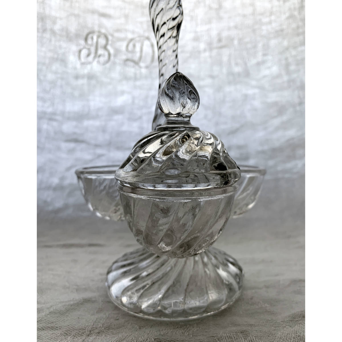 フランス 1900-20s ガラス 調味料 スタンド 蓋付き 吹きガラス 皿 陶器 器 骨董 アンティーク_画像4