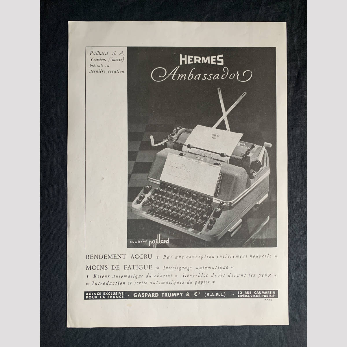 フランス 1949 HERMES エルメス タイプライター 馬具 乗馬 列車 旅行 狩猟 バッグ 鞄 トランク ポスター デザイン 雑誌 広告 アンティーク_画像1