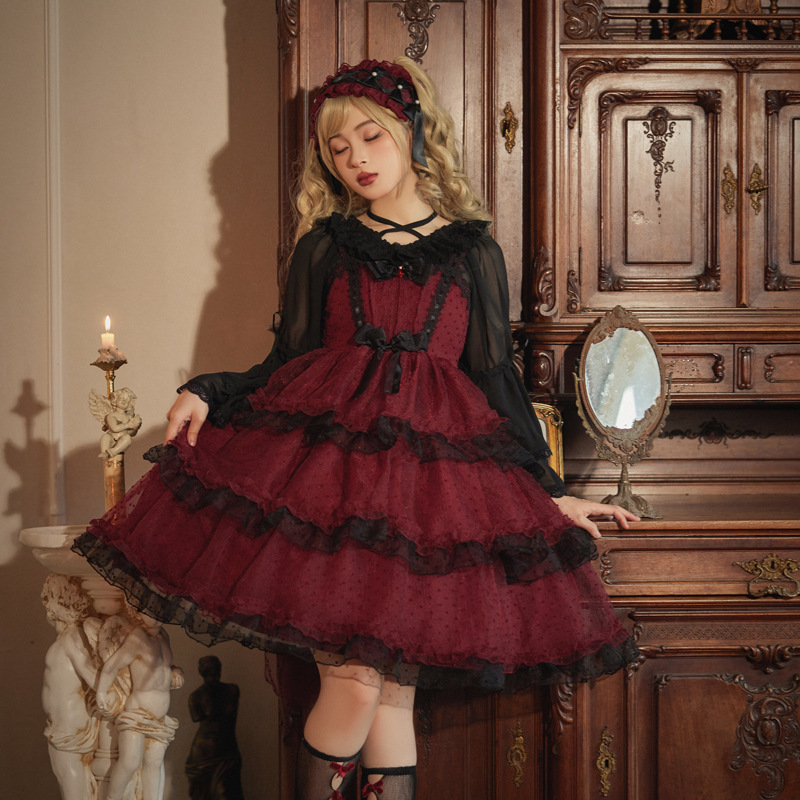  Лолита Lolita сарафан готический Gothic and Lolita Jean ska One-piece платье симпатичный лента оборка мягкий безрукавка 