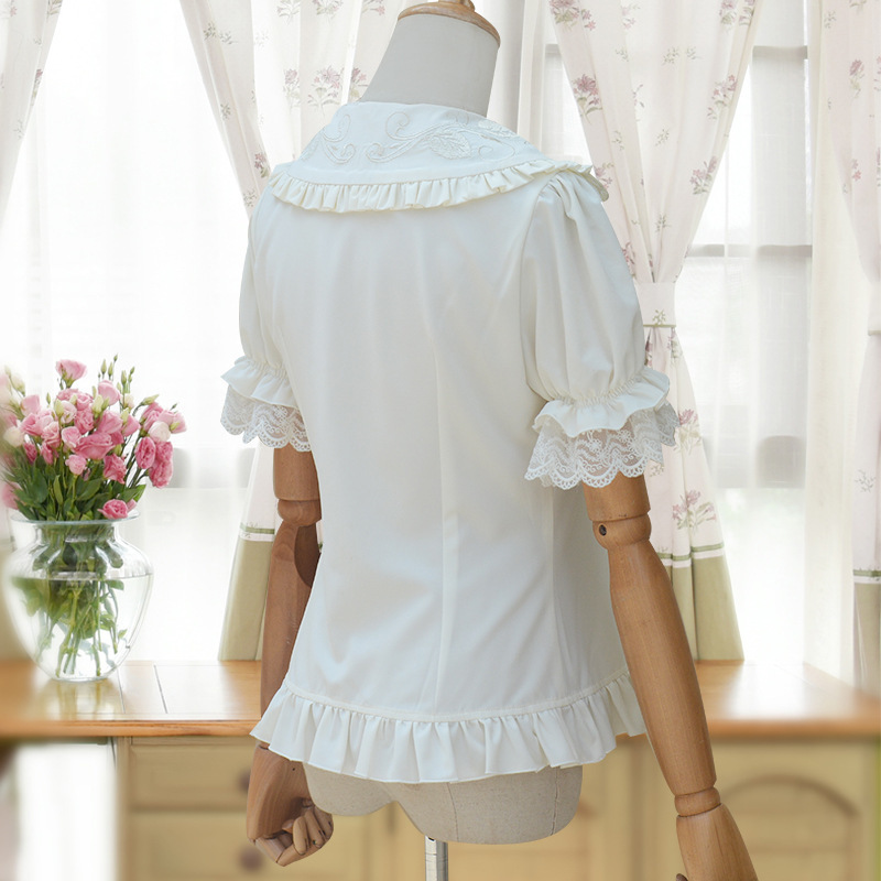 新品 Lolita レディースシャツ 人形襟 刺しゅう 半袖 パフスリーブ かわいい 清楚 ホワイト フェミニン S M L XL_画像3