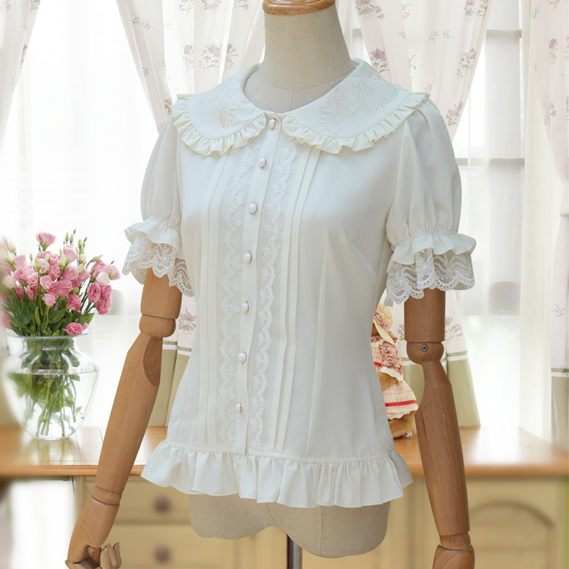 新品 Lolita レディースシャツ 人形襟 刺しゅう 半袖 パフスリーブ かわいい 清楚 ホワイト フェミニン S M L XL_画像2