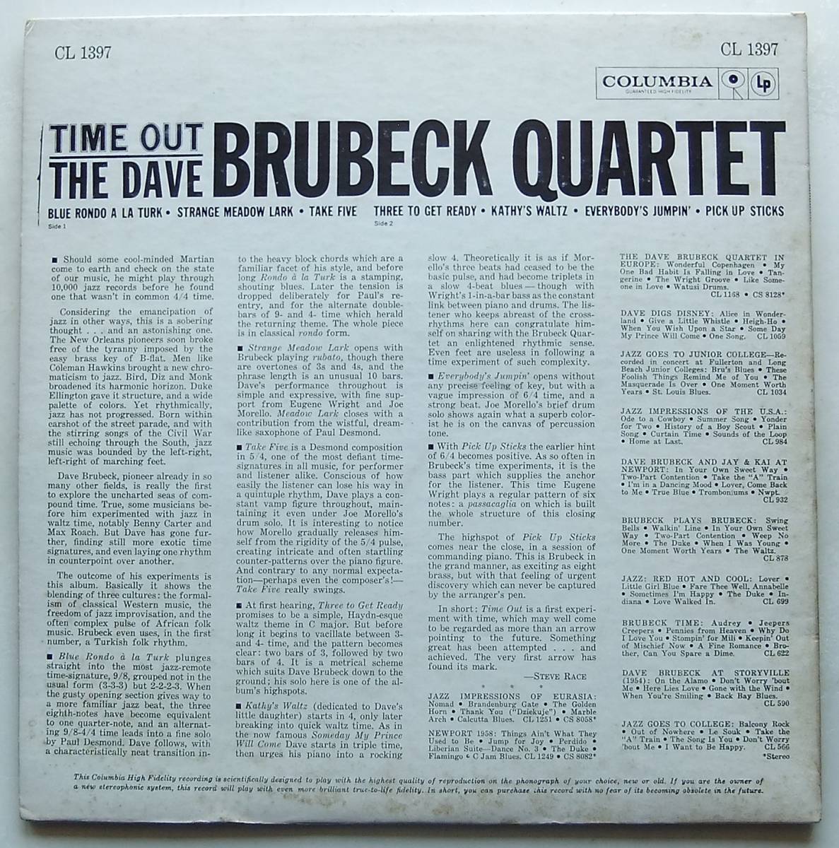 ◆ DAVE BRUBECK Quartet / Time Out ◆ Columbia CL 1397 (2eye) ◆ V_画像2