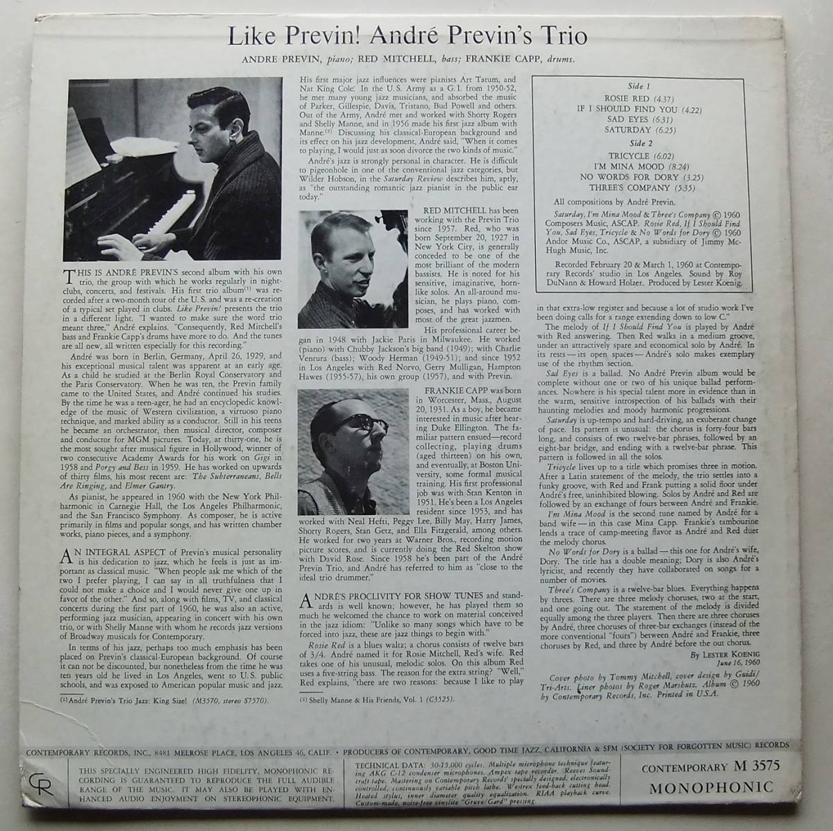 ◆ ANDRE PREVIN Trio / Like Previn! ◆ Contemporary M3575 (yellow:dg) ◆ V_画像2