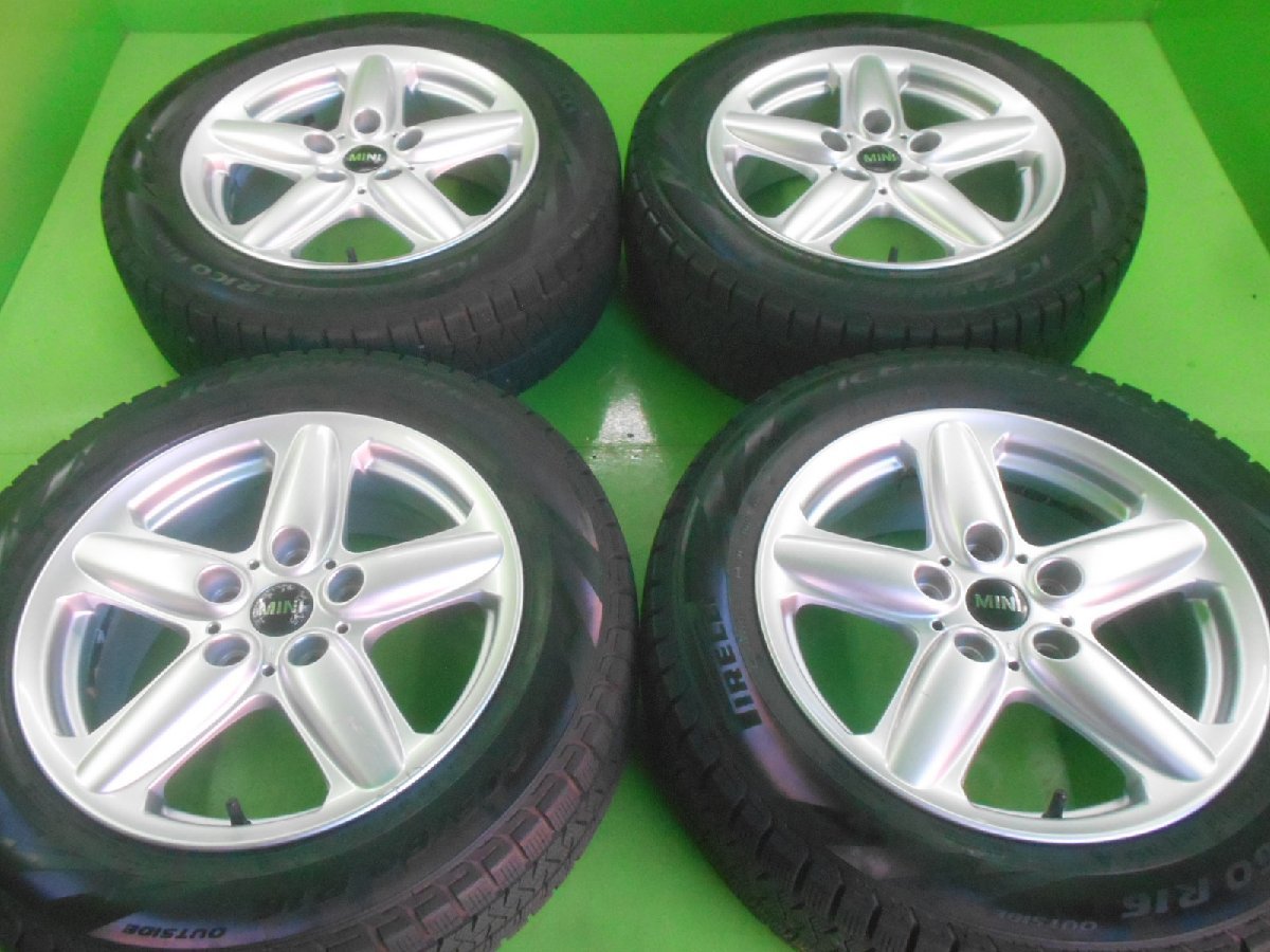 PCD120 MINI純正 9803720 6.5j/+48 ハブ約73㎜ ピレリ ICE ASIMMETRICO PLUS 205/60R16 製造20年 約9～9.5分山 4本 中古 R60_画像1