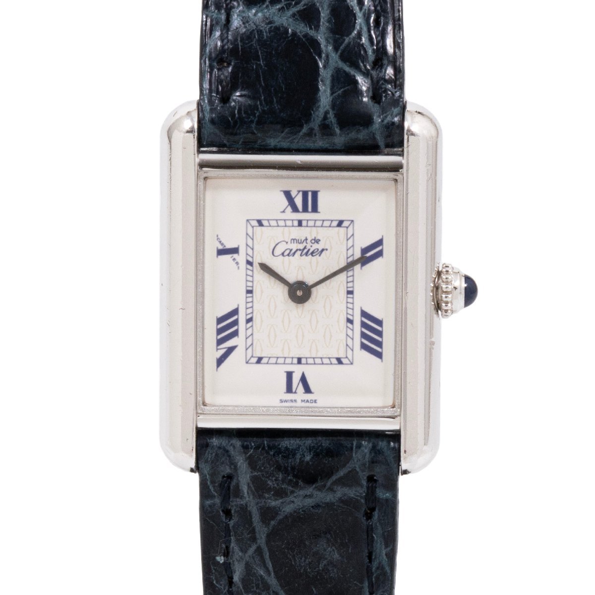 【半年間保証・電池交換済】Cartier カルティエ マストタンクSM 2416 SV925×レザー ホワイト文字盤×ブルー クォーツ 腕時計 レディース