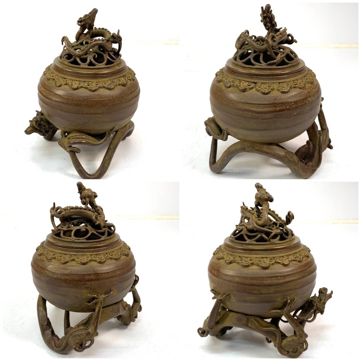 希少◇ 香炉 蝋型鋳物原型師【月芳作/須賀月芳】銅の炎 龍 昇龍 龍脚