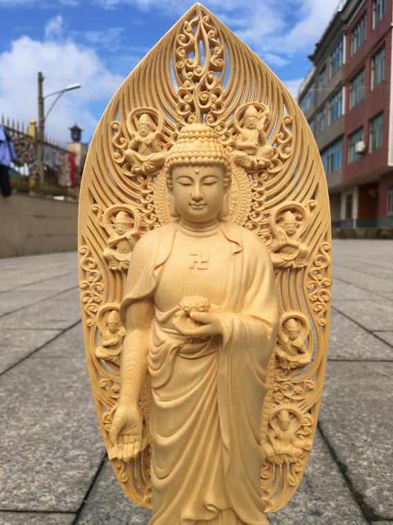 薬師如来立像 極上の木彫 仏教美術 精密彫刻 仏像 手彫り-