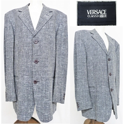 VERSACE ヴェルサーチ CLASSIC V2　グレー 3ツ釦 シングルスーツ　半裏ジャケット　RAYON VISCOSE-SILK　紳士服　OLIENT750022　スペイン製_画像2