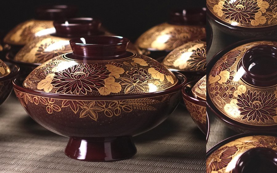 ∇花∇輪島高級漆器の老舗【大向高洲堂】 輪島塗 溜塗草花尽蒔絵吸物椀