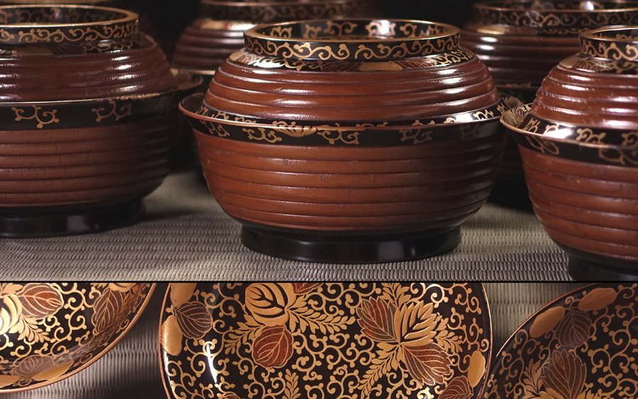 ∇花∇明治~大正時代 木地漆塗桐唐草蒔絵煮物椀8客 葉は絵梨子地 当時