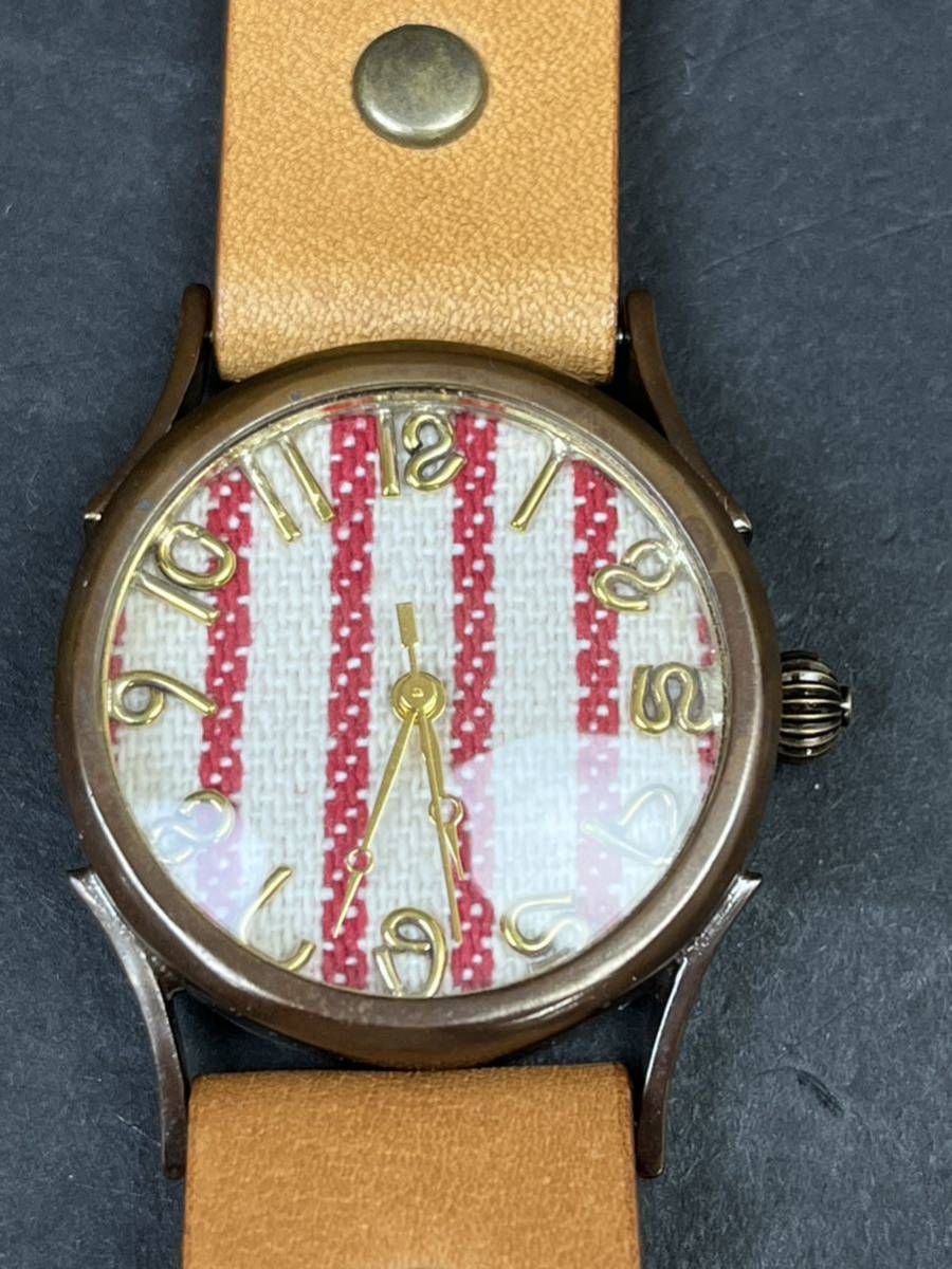 Vie ハンドメイドウォッチ ストライプキャンバス文字盤 手作り腕時計 レッドの画像3