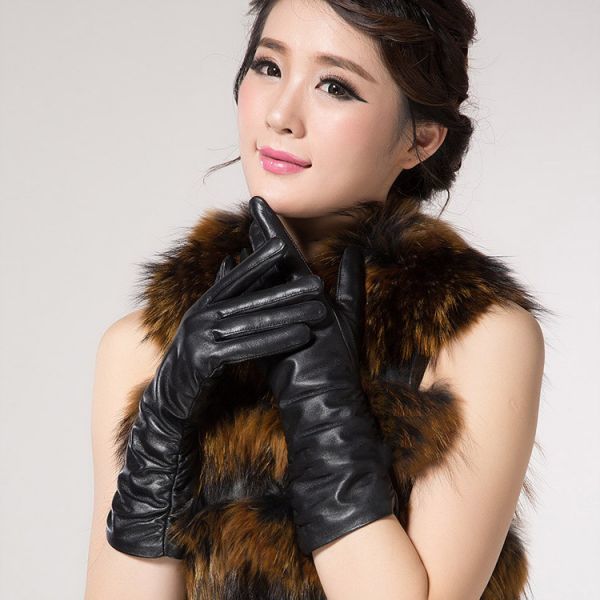  new goods! real leather glove long leather gloves lady's original leather reverse side boa autumn genuine winter commuting simple thick protection against cold business free size * black 