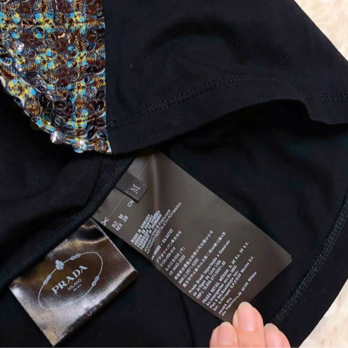美品【プラダ】レディース カットソー 半袖 Mサイズスパンコール 黒×緑系チェック