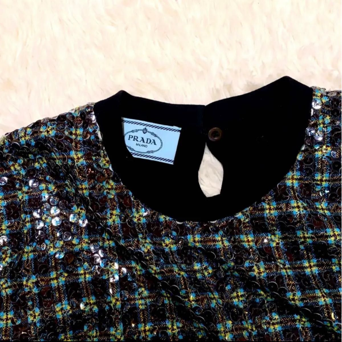 美品【プラダ】レディース カットソー 半袖 Mサイズスパンコール 黒×緑系チェック