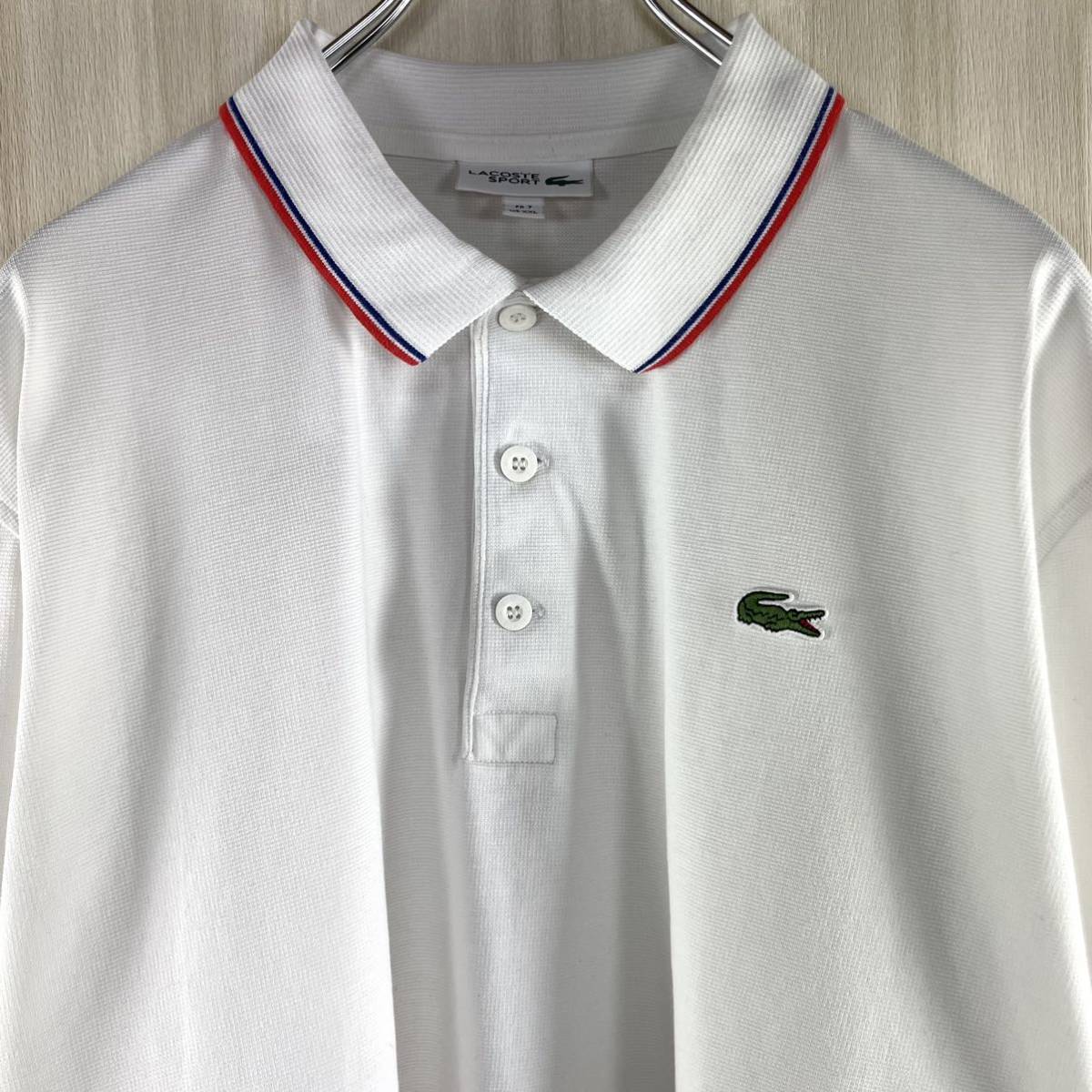 【希少デザイン】【ビッグサイズ】LACOSTE ラコステ ワニ ロゴボタン ティップライン 半袖ポロシャツ サイズ7 ホワイト US表記XXL 古着