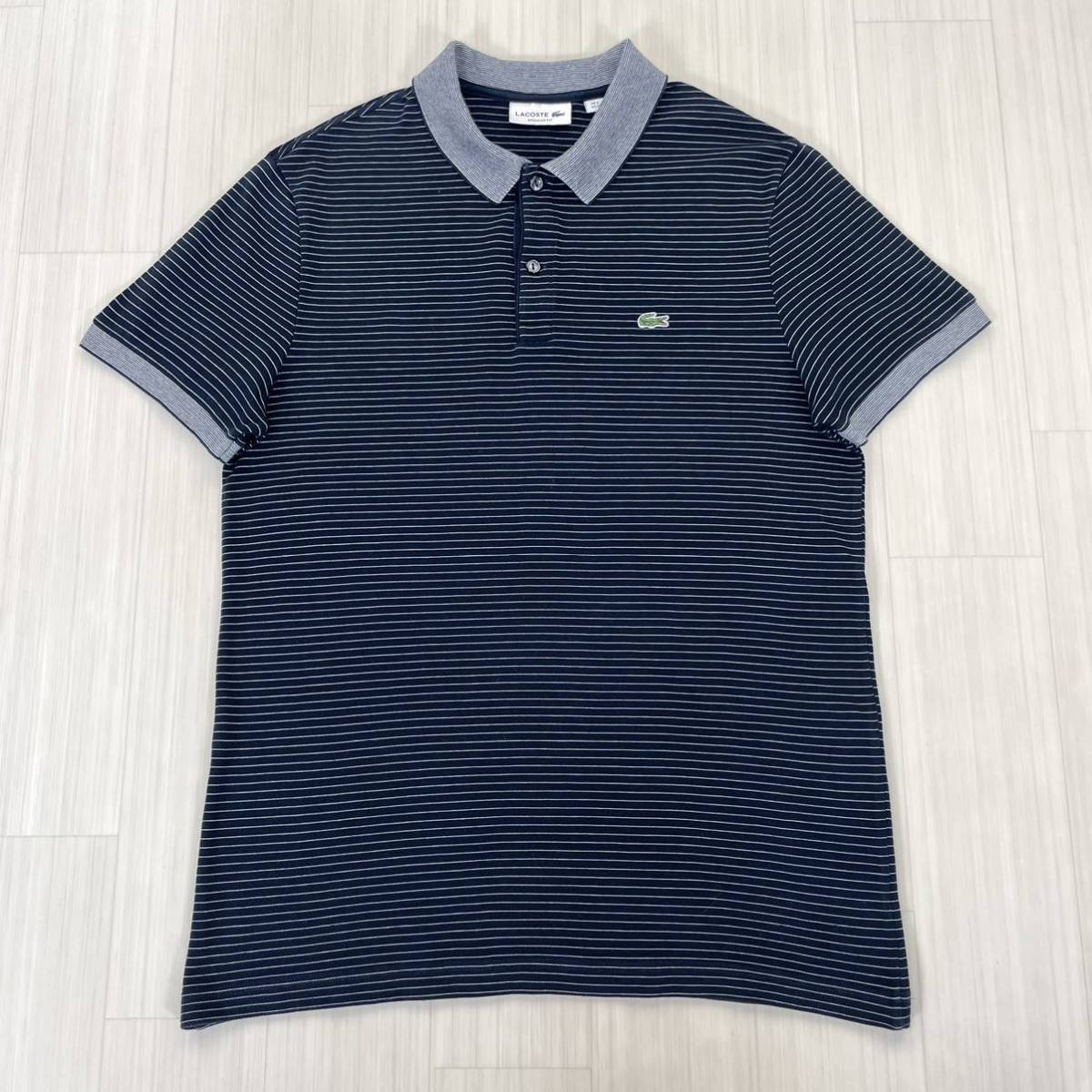 【希少デザイン】【王道ブランド】LACOSTE ラコステ ワニ 鹿の子 半袖ポロシャツ サイズ4 リンガー ボーダー柄 ネイビー グレー 古着の画像8