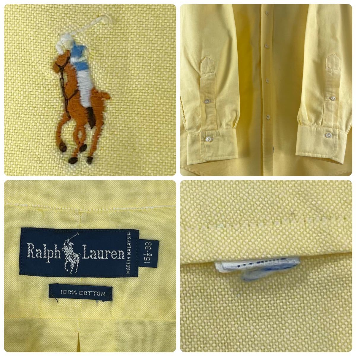 【90s】【人気カラー】RALPH LAUREN ラルフローレン 刺繍ポニー ボタンダウン 長袖シャツ ライトイエロー L相当 90年代 アメカジ 古着