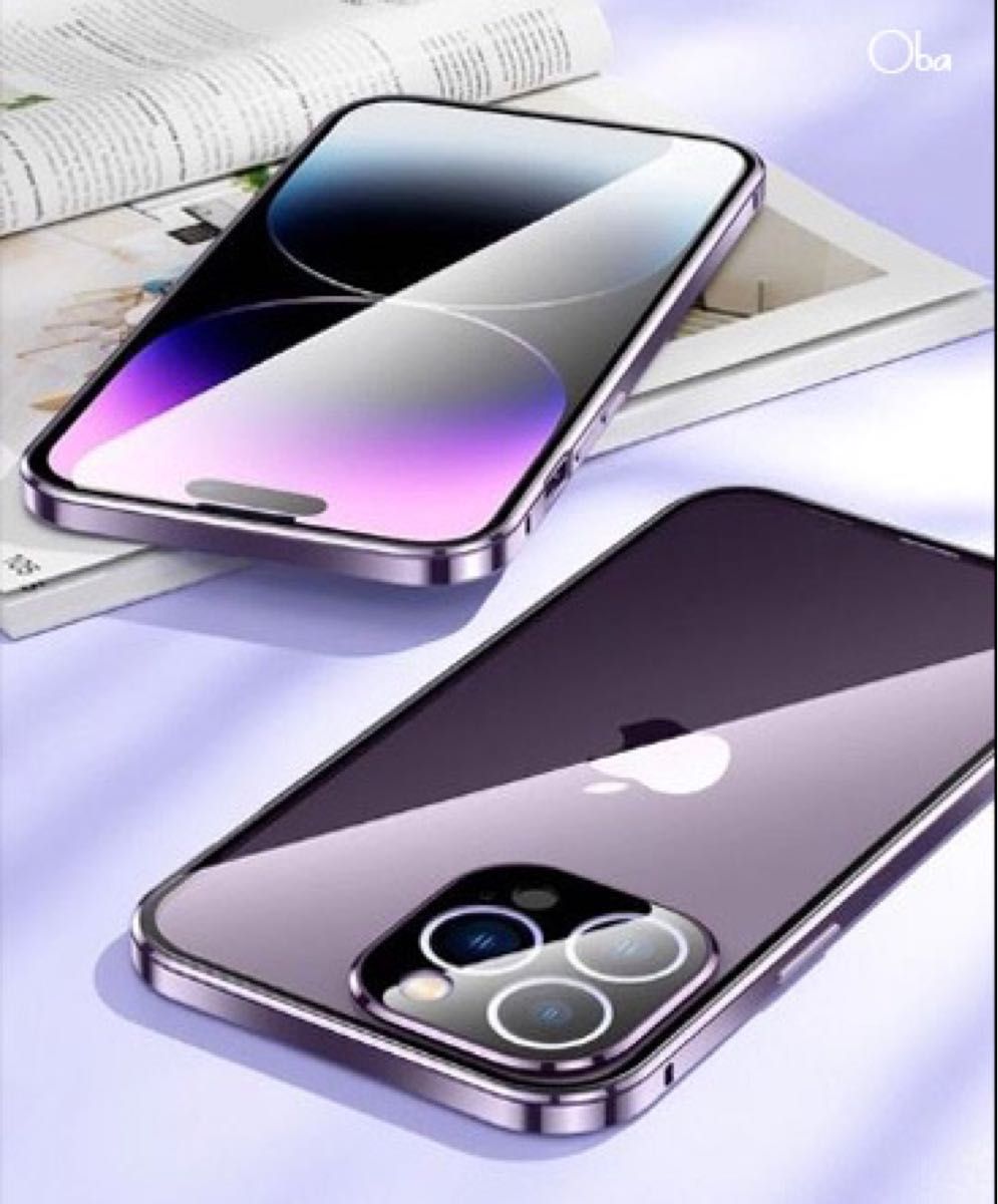 ダブルロック パープル iPhone 14 Pro Max ケース レンズ保護一体 アルミ合金 両面ガラスケース