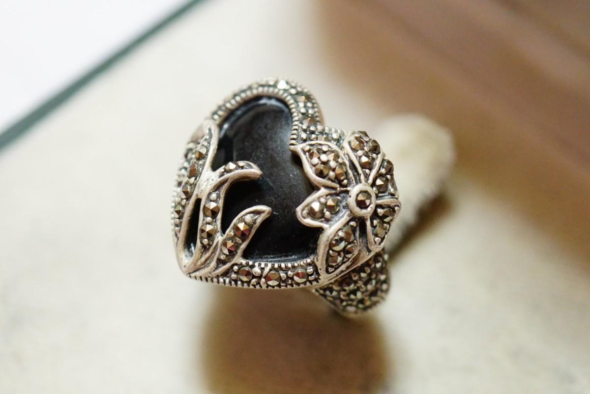 567 海外製 ブラックオニキス マーカサイト シルバー リング 指輪 約11