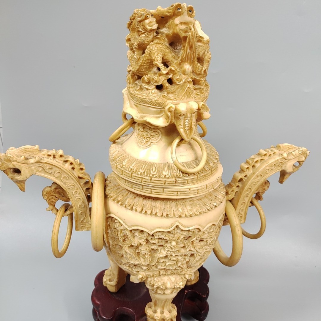 中国 象牙風樹脂製 香炉 獅子/龍彫刻/置物/オブジェ 高さ35㎝ ※持ち手1