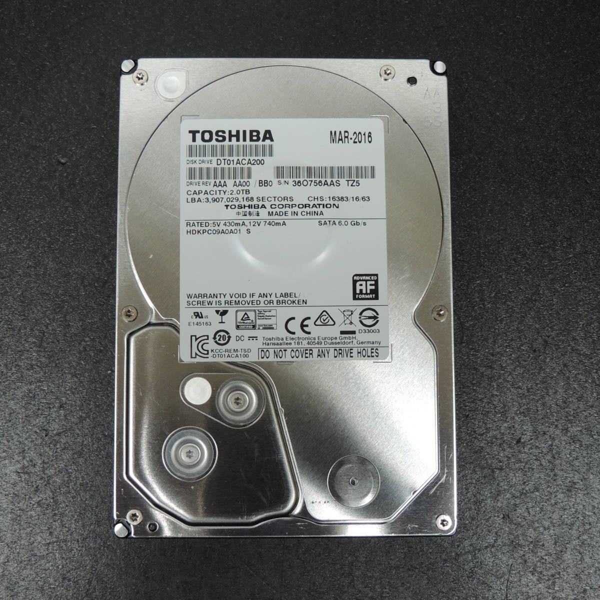 【検品済み/使用1516時間】TOSHIBA 2TB HDD DT01ACA200 管理:ア-600_画像1