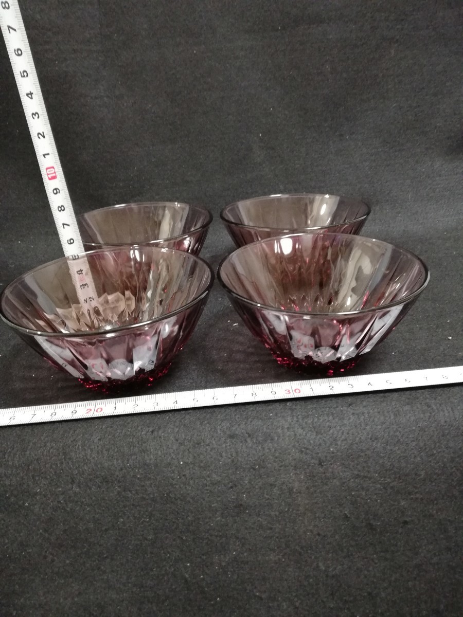 S829. 昭和レトロ 氷コップ ガラス器 4枚 小鉢　かき氷　アイスクリーム　紫 古硝子/60_画像1