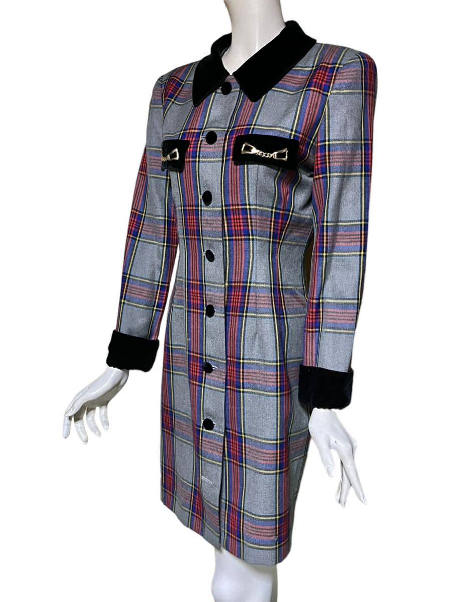 秋服 昭和レトロ ワンピース ベロア チェック柄 バブル バブリー 毛100