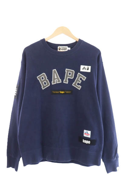 アベイシングエイプ A BATHING APE Multi Label Relaxed Fit Crew Sweatshirt ロゴ ワッペン 刺繍 クルー スウェット トレーナー L 紺 ネイ_画像1