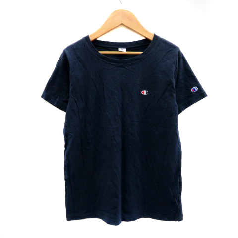 チャンピオン CHAMPION Tシャツ カットソー 半袖 ラウンドネック 無地 ロゴ刺? M 紺 ネイビー /YS34 レディース_画像1